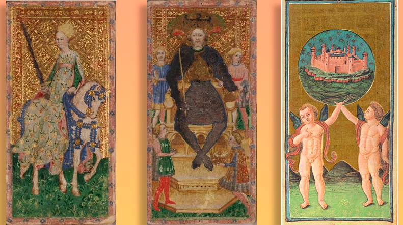 3 карты из колоды Висконти-Сфорца https://commons.wikimedia.org/wiki/Category:Visconti-Sforza_tarot_deck