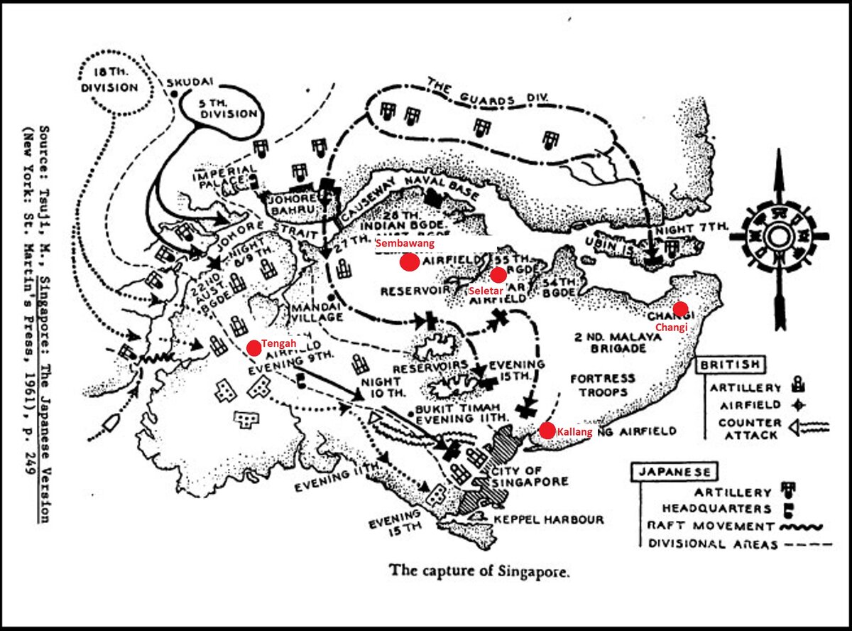 Расположение аэродромов (нанес на случайную карту) Вообще-то их было пять. Но площадку в Чанги закончили позже. 
