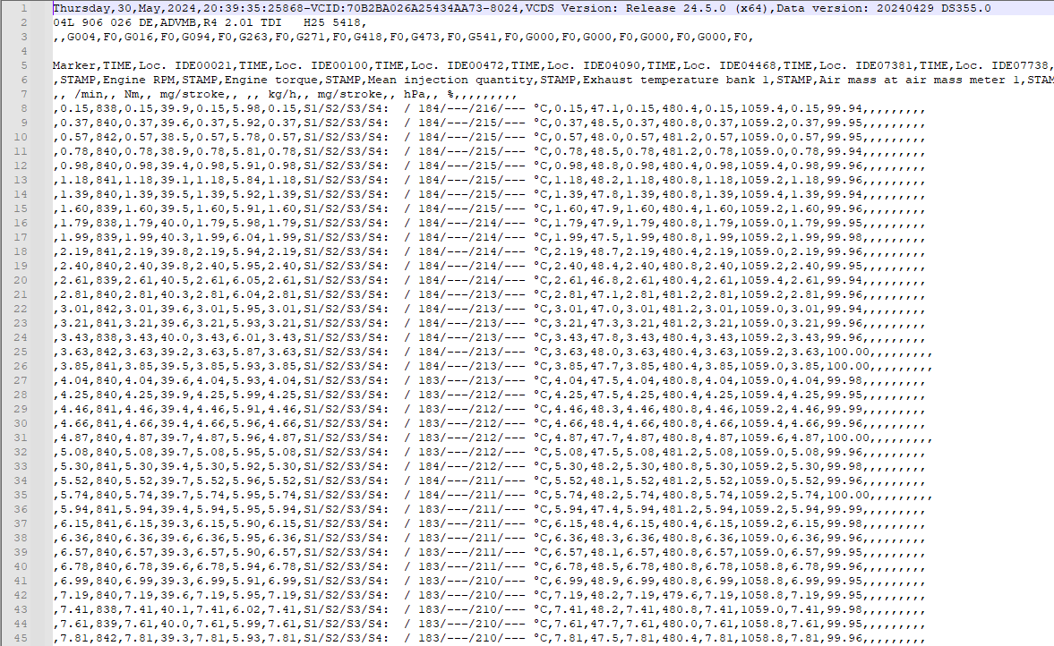 Логи VCDS открытые как простой текстовый файл