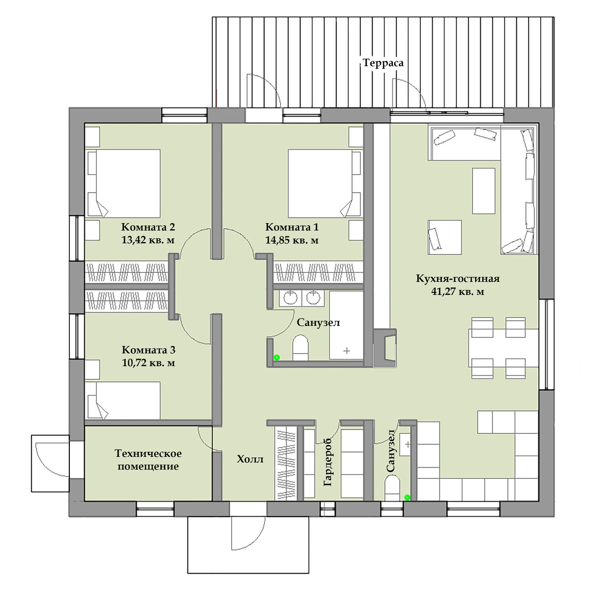 Планировка одноэтажного загородного дома, построенного нашей компанией «Raivola House» в поселке Вартемяги Ленинградской области