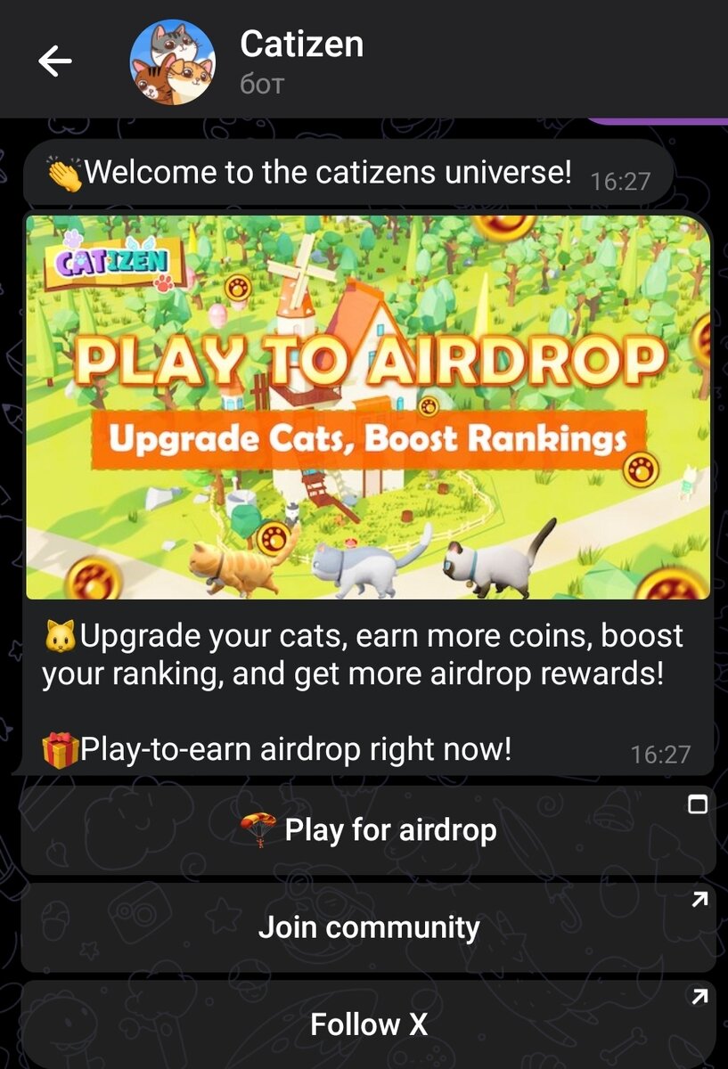 Catizen.Игра в Telegram про милых котиков с Аirdrop. | 