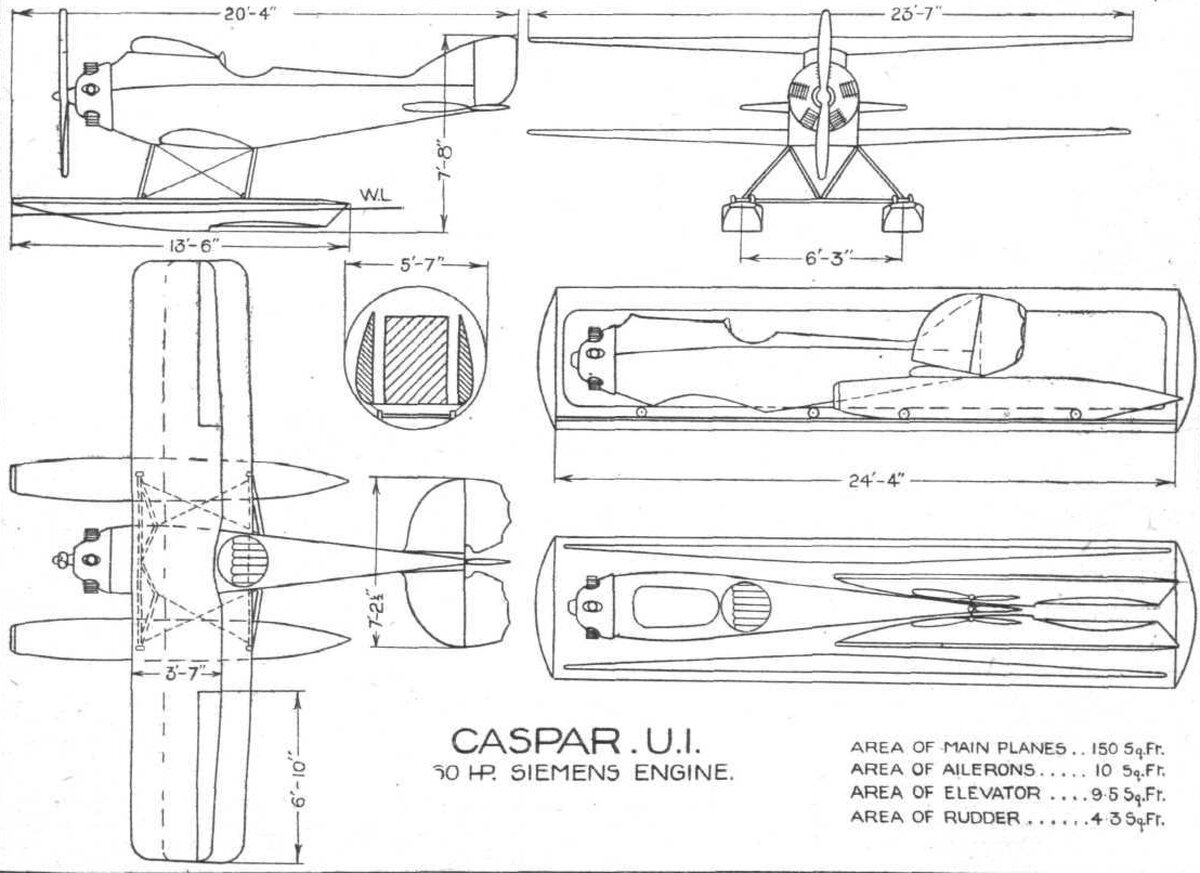 ГИДРОСАМОЛЕТ CASPAR U.1: Чертежи и схемы общего вида, показывающие, как машина упаковывается в цилиндрический контейнер
