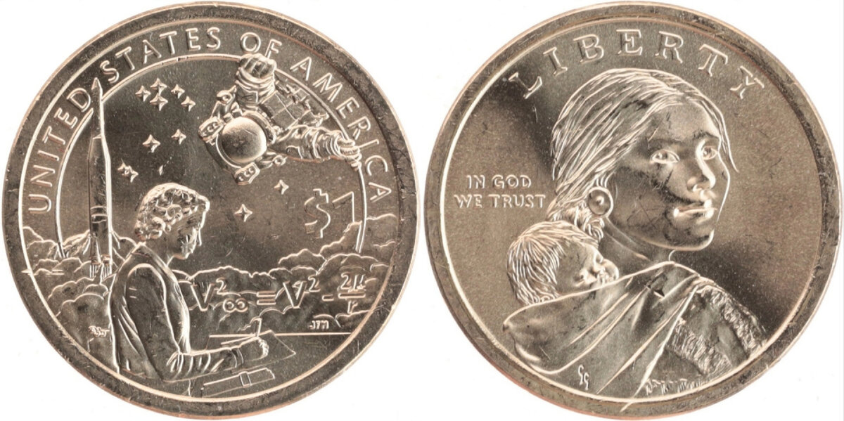 США - 1 доллар 2019 года из серии "Коренные американцы" посвящён представителям индейских народностей, задействованным в космической программе Штатов: на его реверсе изображены инженер Мэри Голда Росс и астронавт Джон Херрингтон в скафандре. Также на заднем плане реверса можно лицезреть старт ракеты-носителя "Атлас-Аджена". Монета отчеканена из меди с латунным покрытием, её масса составляет 8,1 граммов
