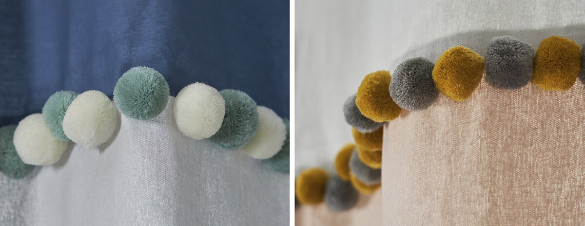 На фото: Шторы из хлопка с помпонами серо-синего и бежево-серого цвета из коллекции Essential от Tkano