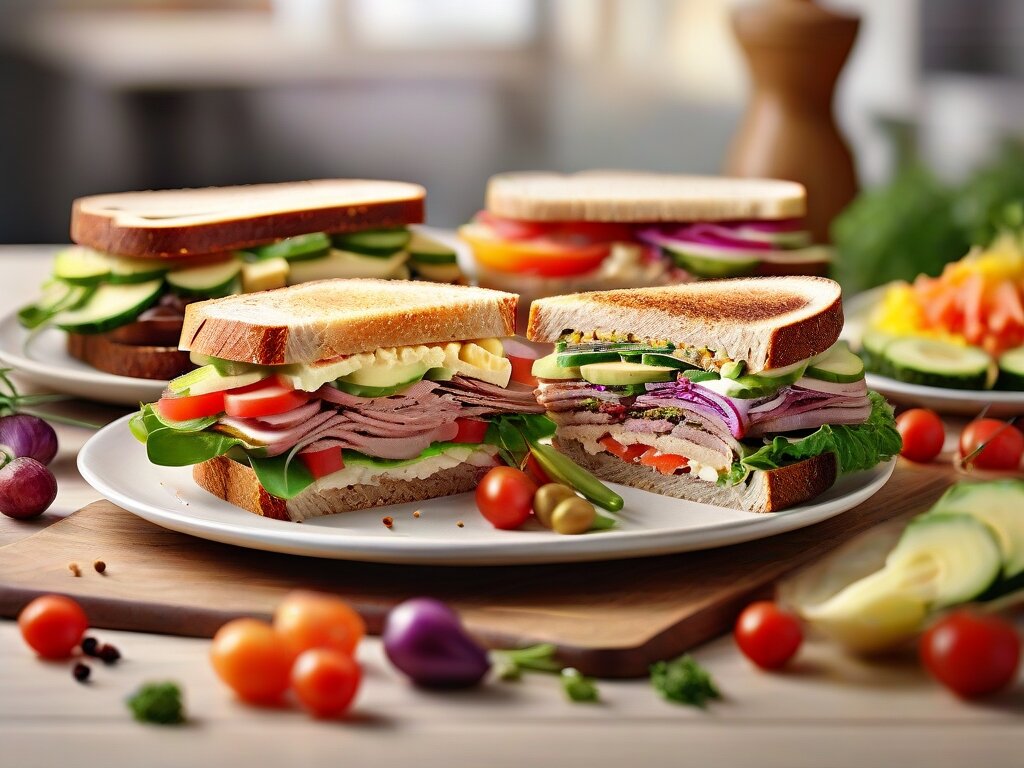 Сэндвичи с цветными овощами, постными белками и хлебом из цельного зерна, которые не только выглядят привлекательно, но и являются отличным выбором для тех, кто следит за здоровьем и фигурой.
