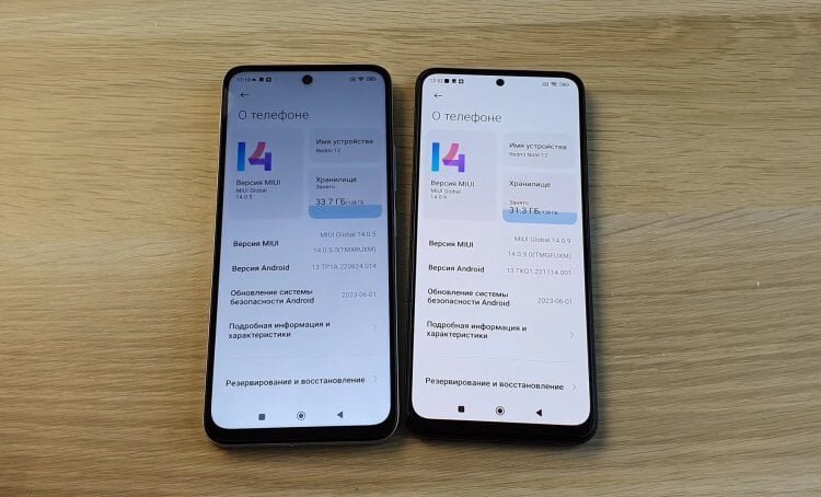    На Redmi 12 (слева) экран тусклее, чем на Redmi Note 12 (справа). Фото: DimaViper Live