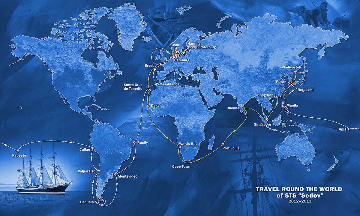 Маршрут Кругосветного похода парусника Седов 2012-2013 гг