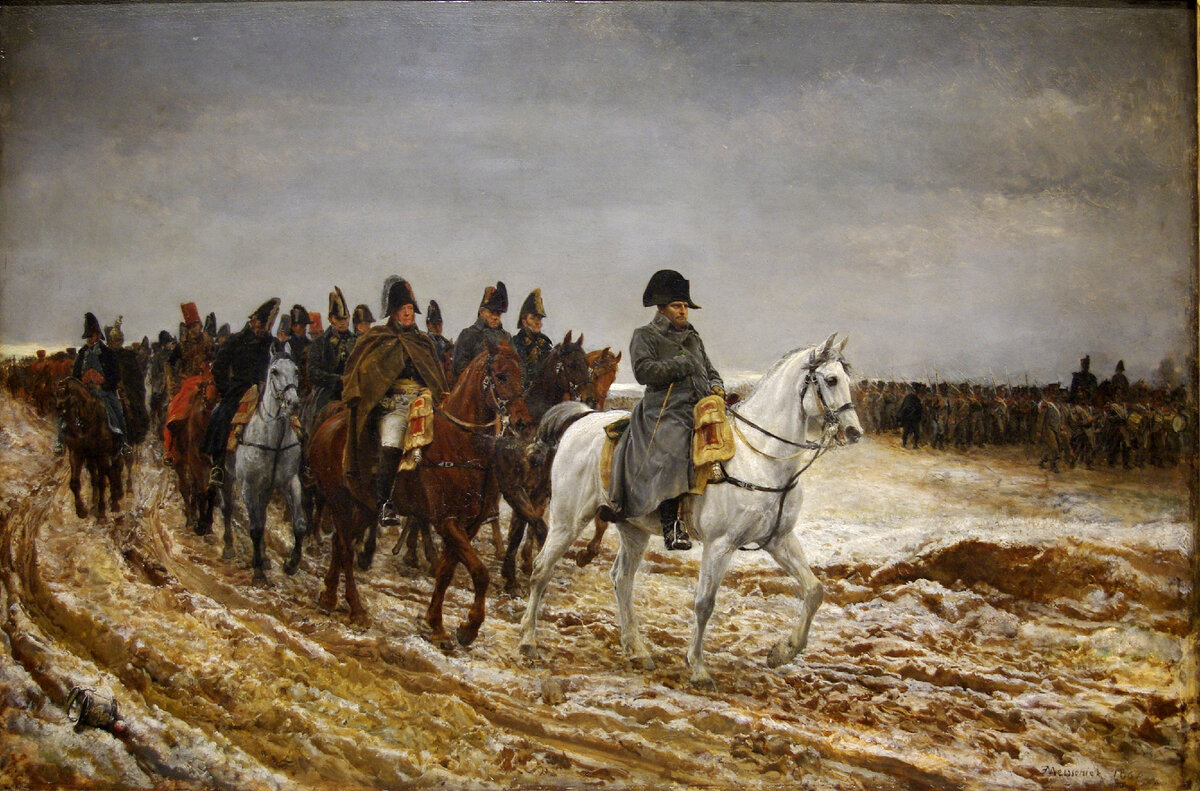 Кампания 1814 г. Худ. Э. Мэсоньé, 1864 (Мюзе д'Орсэ). Все выглядит так же, как в кампанию 1812 г., разве что, снега не хватает (ныне некоторые интернет-умельцы его подрисовывают, и выдают за русскую кампанию). 
