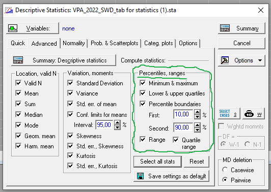 Basic Statistics - Descriptive Statistics, вкладка Advanced программы Statistica.