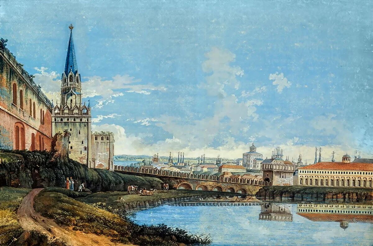 Запруда на реке Неглинке. Троицкий мост, Кутафья башня. Художник Ф. Алексеев, 1800 год
