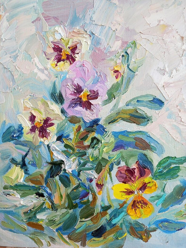 А. Савкина. Анютины глазки. 2022. Картон, масло