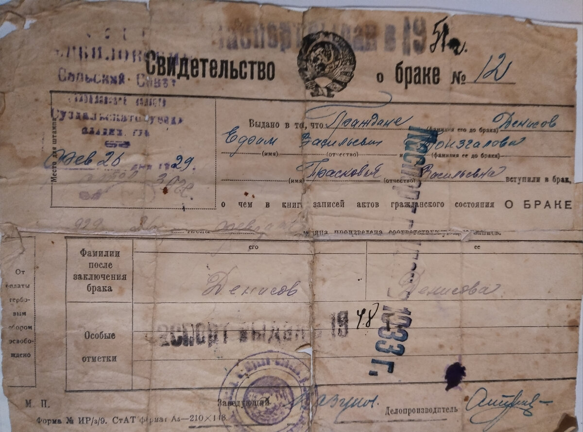 Свидетельство о браке. В семье сохранился именно этот документ, не было никаких дубликатов