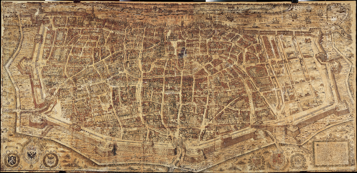 План Антверпена 1565 года. по ссылке https://upload.wikimedia.org/wikipedia/commons/4/40/Plan_van_Antwerpen,_Bononiensis,_Virgilius,_1565,_MPM.V.VI.01.002,_Museum_Plantin-Moretus,_Antwerp.jpg -- эта же карта в фантастическом разрешении -- с людьми и собаками на улицах.