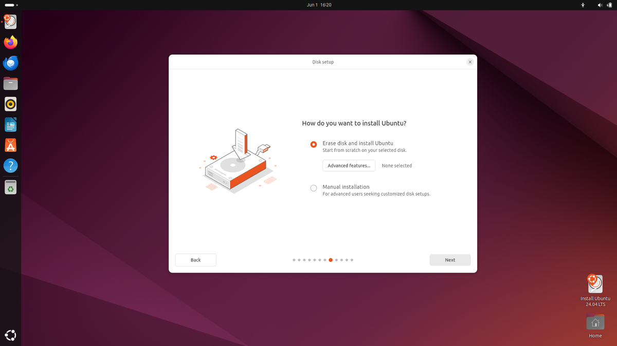 Во такую вот картину я увидел при первом запуске Ubuntu 24.04. Предлагается ручная разметка или полная очистка диска. А где моя Windows 11?