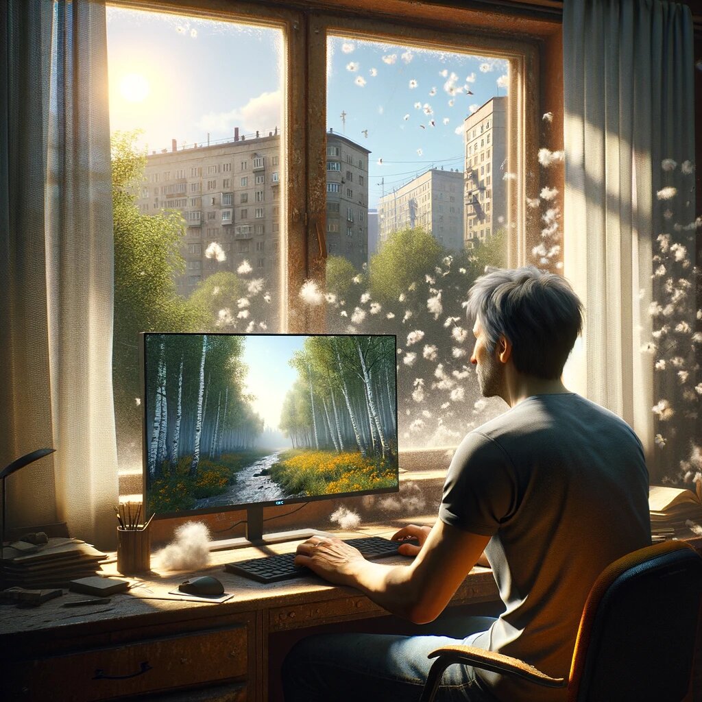 DALL·E 2024-06-01 18.56.38 - A man who appears to be around 37 years old sitting in a city room with a post-Soviet style, facing the computer with his back to the camera. On the m