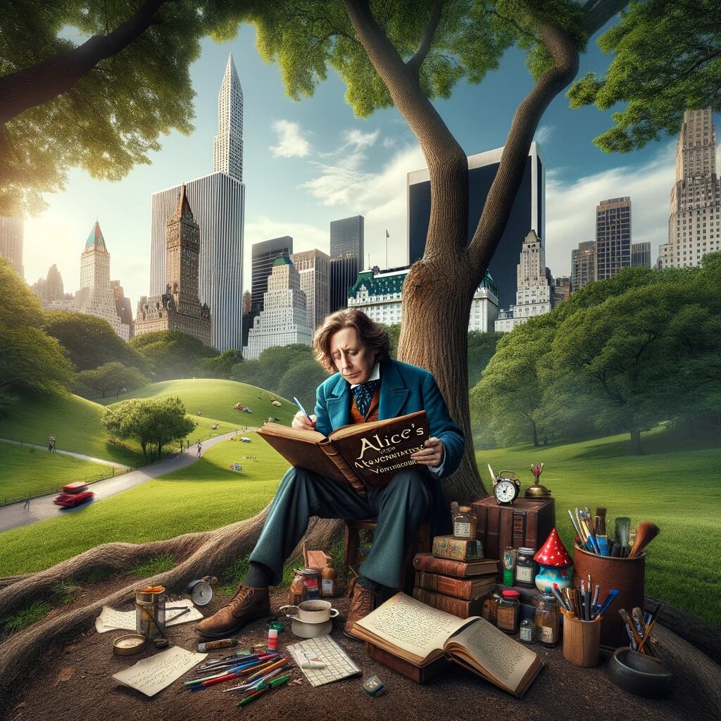 DALL·E 2024-06-01 19.03.38 - Lewis Carroll sitting under a tree in New York's Central Park, writing a book titled 'Alice's Adventures in Wonderland'. The scene is set in the iconiс