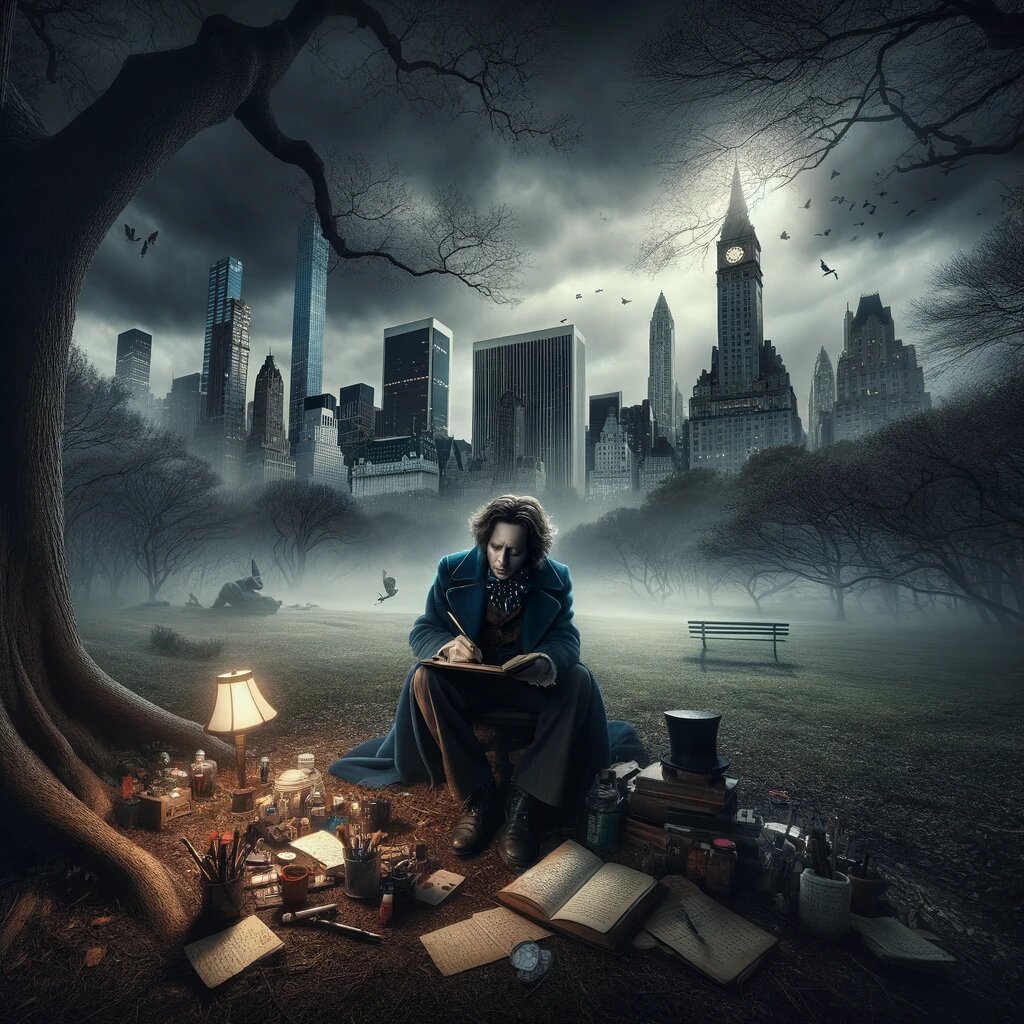 DALL·E 2024-06-01 19.07.12 - Lewis Carroll sitting under a tree in New York's Central Park, writing a book titled 'Alice's Adventures in Wonderland'. The scene is set in the iconi

NB. Несколько раз менял и добавлял картинки, стараясь показать атмосферу страха и мрачности. Но всё колебался между отсылками к иностранным авторам или всё таки к контексту постсоветской научной фантастики имени Стругацкие