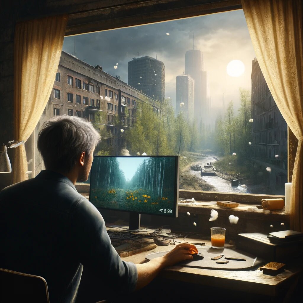 DALL·E 2024-06-01 19.15.39 - A man who appears to be around 37 years old sitting in a city room with a post-Soviet style, facing the computer with his back to the camera. On the m