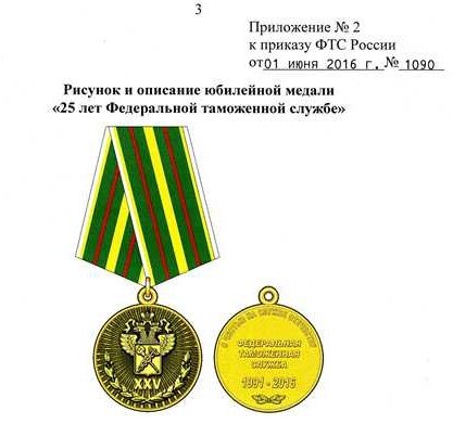 Рисунок медали 25 лет Федеральной таможенной службе