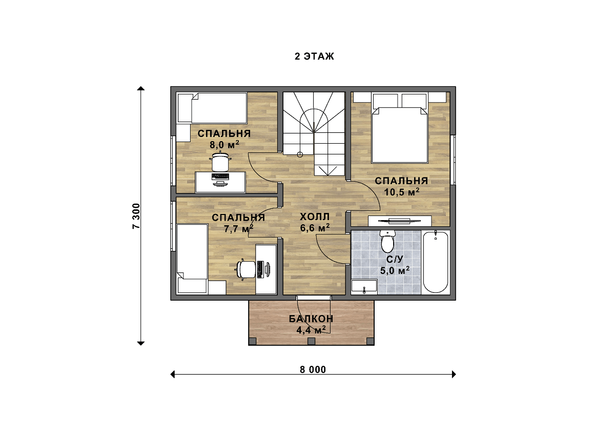 Планировочное решение 2 этажа проекта каркасного дома "Оптима"