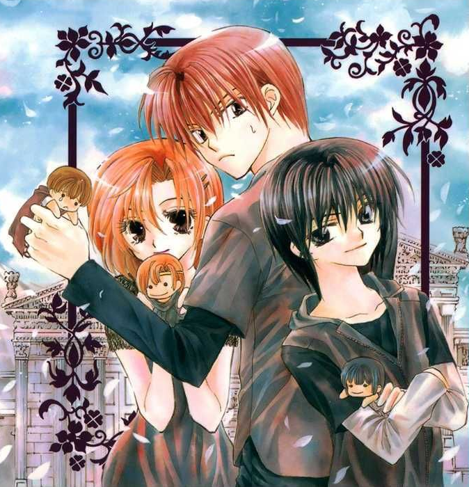 Обложка первого тома манги. Слева направо: Серидзава Мии(Лореус), Саэки Кэйда (Сирикс), Юма Уджо (Селена). В руках ребята держат фигурки себя из прошлой жизни