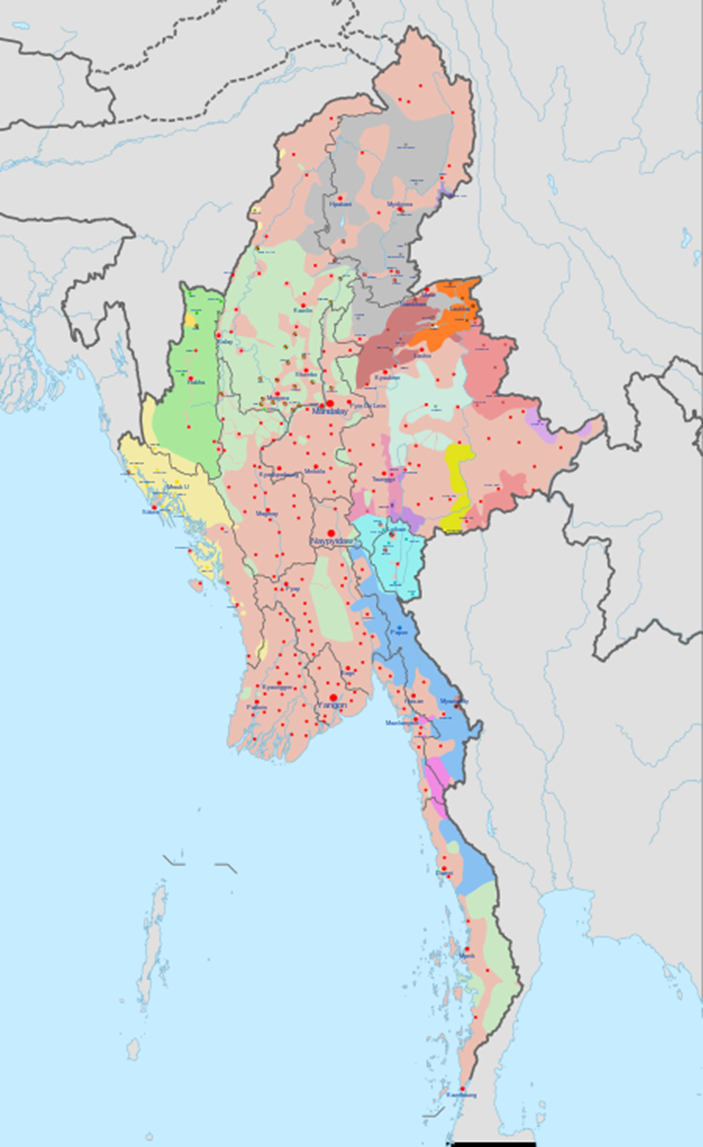 Военная ситуация в Мьянме на конец мая 2024 г. Светло-розивым цветом обозначены территории, контролируемые армией, остальными цветами – зоны контроля различных этнических повстанческих группировок