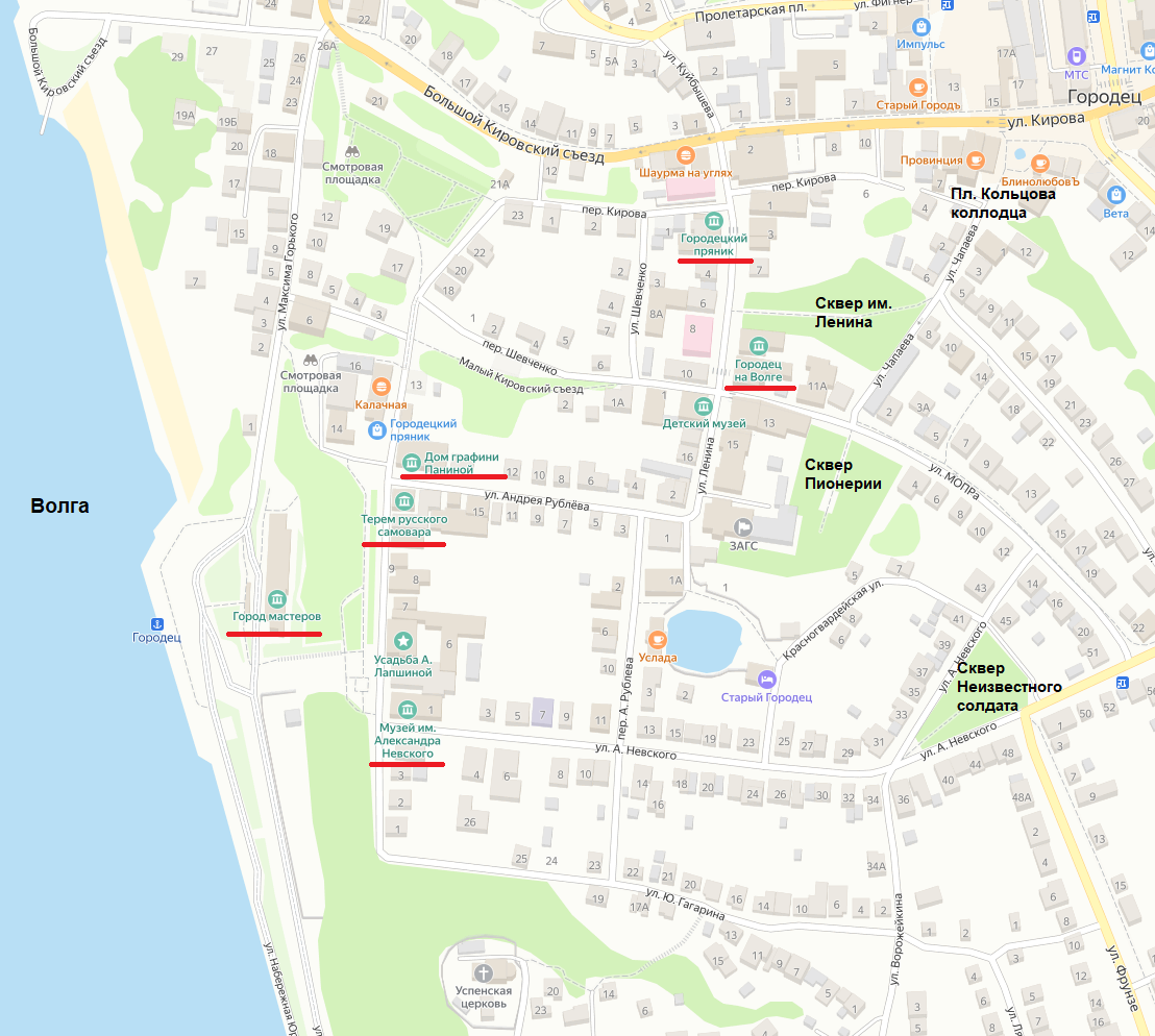 Расположение музейного квартала на карте, ограниченного ул. Кирова,  ул. Максима Горького с ул. Набережной Революции и ул. Александра Невского.
