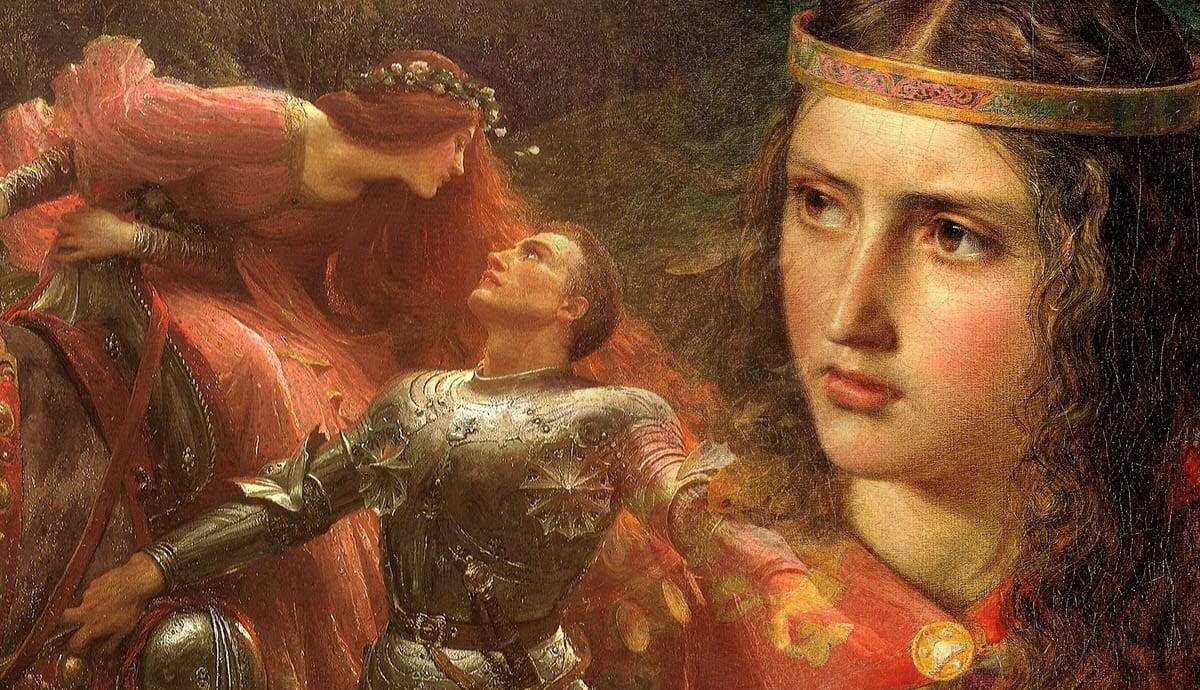 Детали картины сэра Фрэнка Дикси «Прекрасная дама без милосердия», ок. 1901 год; и королева Алиенора Фредерика Сэндиса, 1858 г.