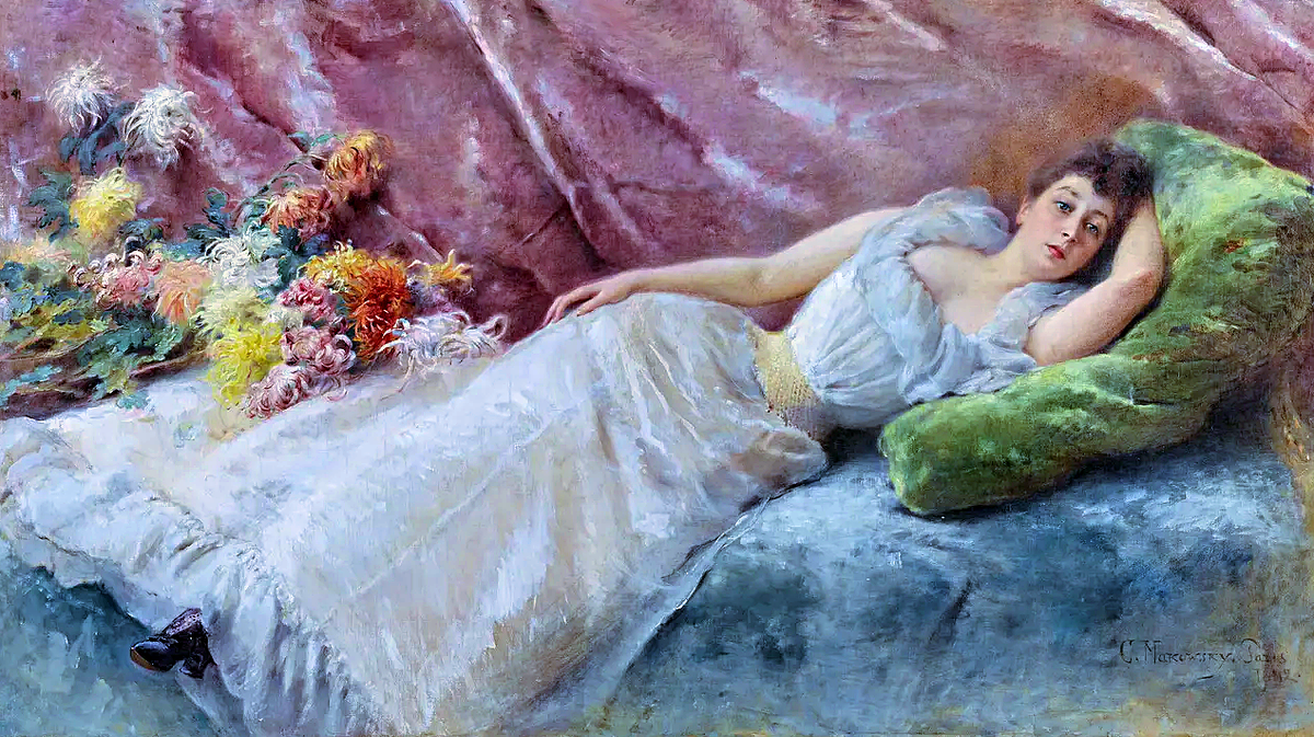 Маковский Константин Егорович, «Портрет мадам М», 1892, холст, масло, 119,5 на 195,5 см, частная коллекция