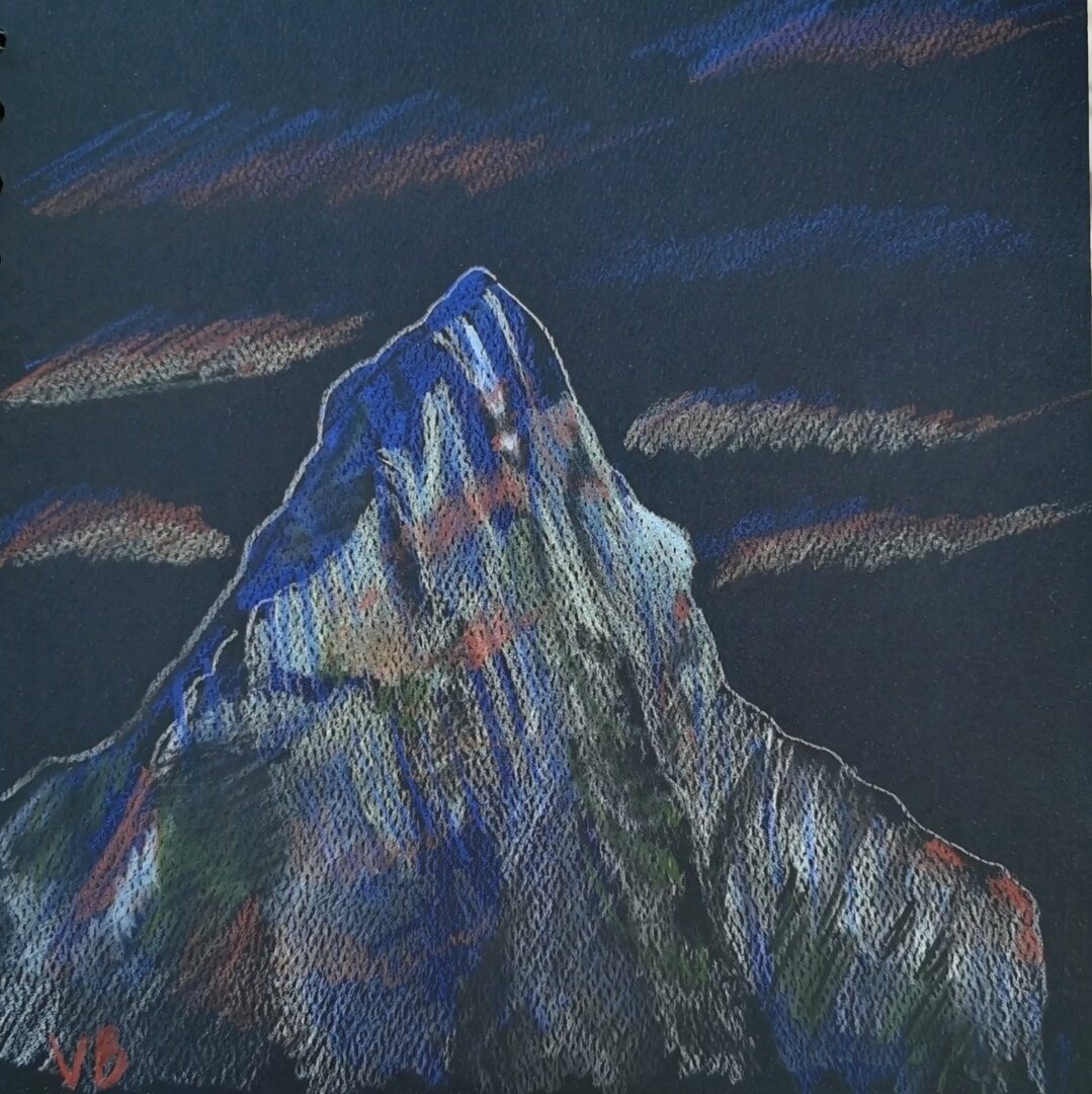 Пошаговое рисование цветными карандашами (кадры из марафона "Горы")  Шаг 1.