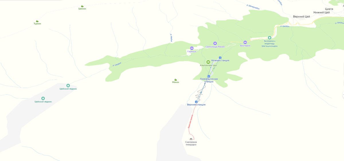 Цейское ущелье на карте. К Цею примыкают ещё несколько ущелий меньшего размера и каньоны, глубина самого известного из которых, Сулакского, достигает 2000 м