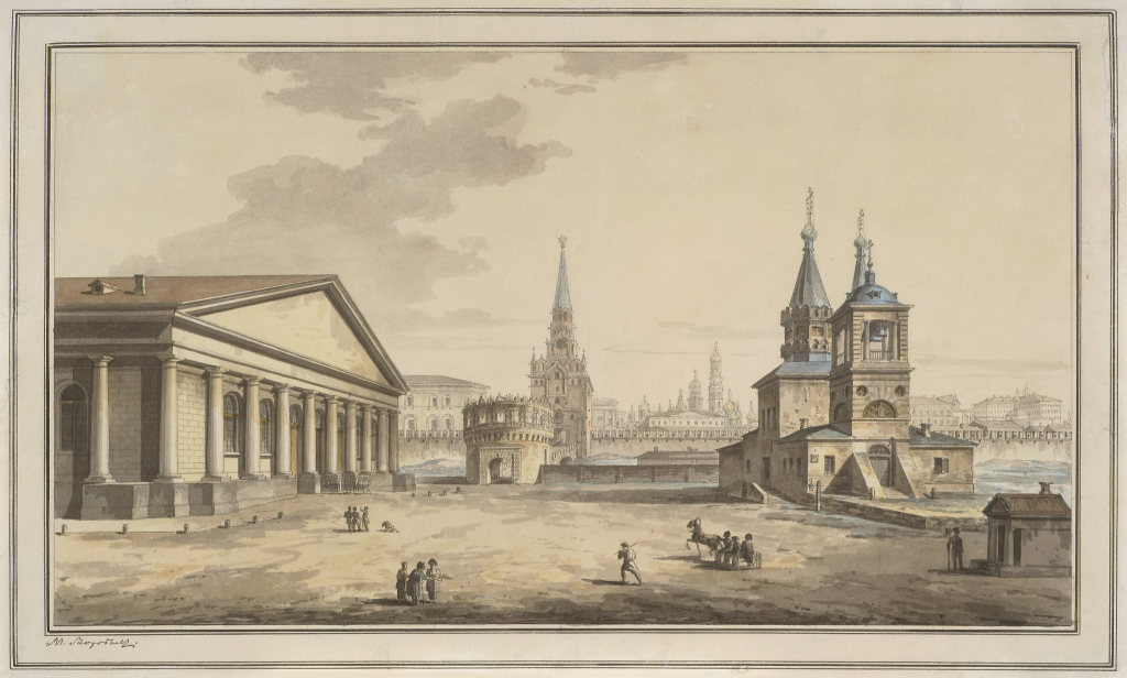 Справа церковь Николая Чудотворца в Сапожке, 1817. Картина художника М.Н. Воробьёва. Отсюда: https://my.tretyakov.ru