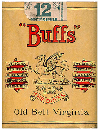 "Buffs" Old Belt Virginia. Уругвай, 1940-е годы. 20 штук в мягкой упаковке. Цена была  0,40 $. Производитель: "Sheik Ltda". Владелец торговой марки: "W. Sandorides & Co. Ltd.".