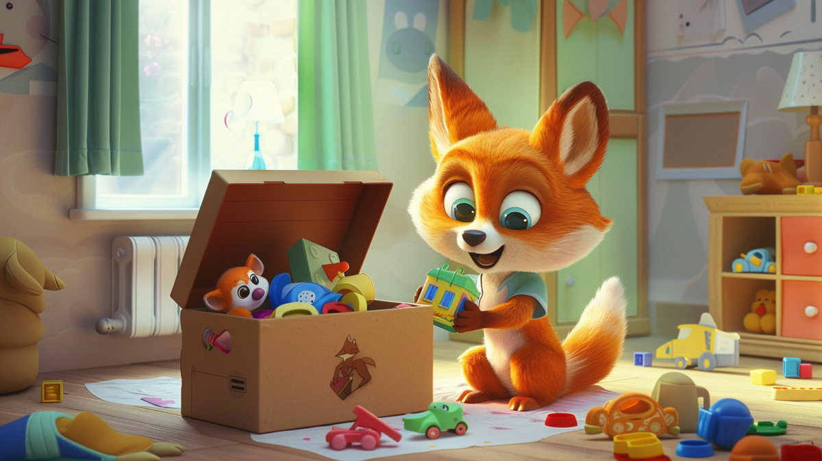 Лисенок и его игрушки. Midjourney.