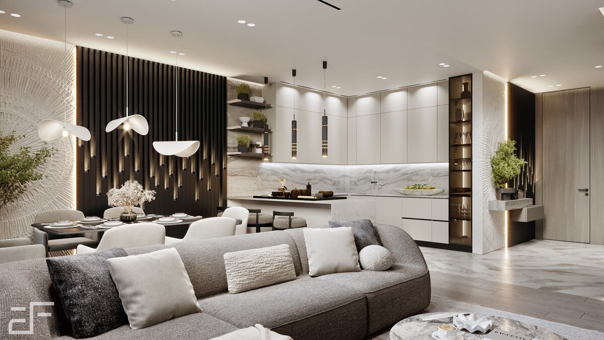 Дизайн интерьера совмещенной кухни - гостиной в современном стиле