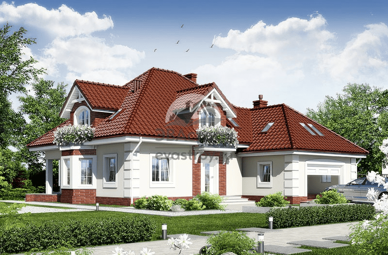 Проект двухэтажного дома с двухместным гаражом 16 на 15 - 104-83