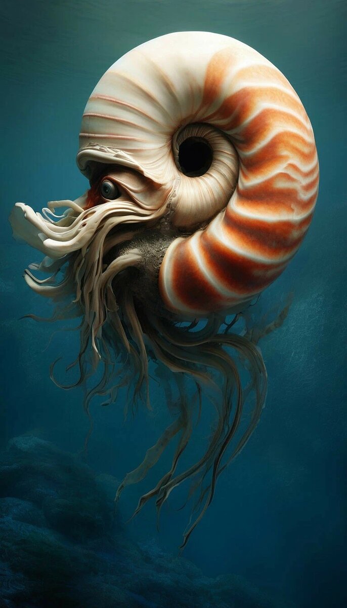 Наутилус, молюск в честь которого был назван корабль капитана Немо. Сгенерировано шедеврумом.