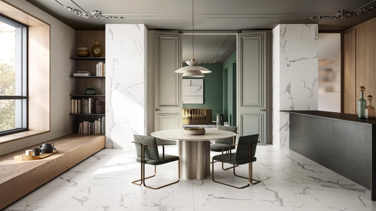 На фото: Коллекция Стелларис, цвет Статуарио Уайт