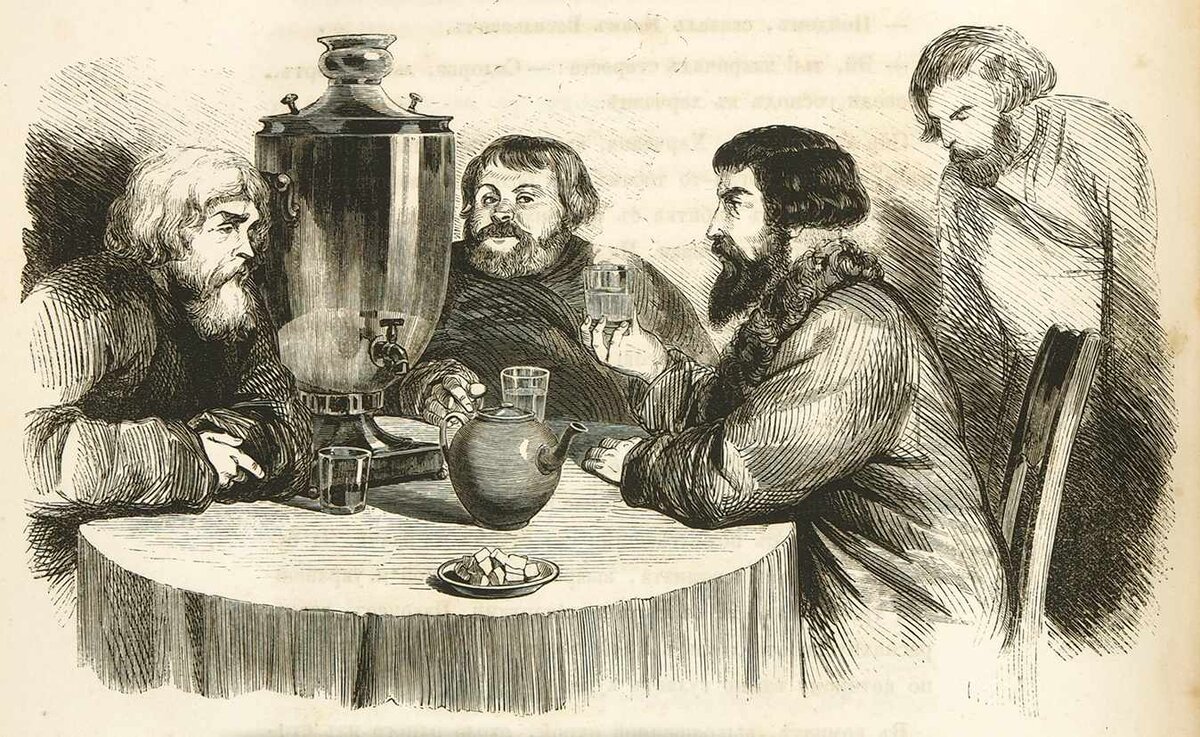 «Купцы за чаепитием» – иллюстрация князя Григория Григорьевича Гагарина к повести Владимира Александровича Соллогуба «Тарантас». Из издания 1845 года