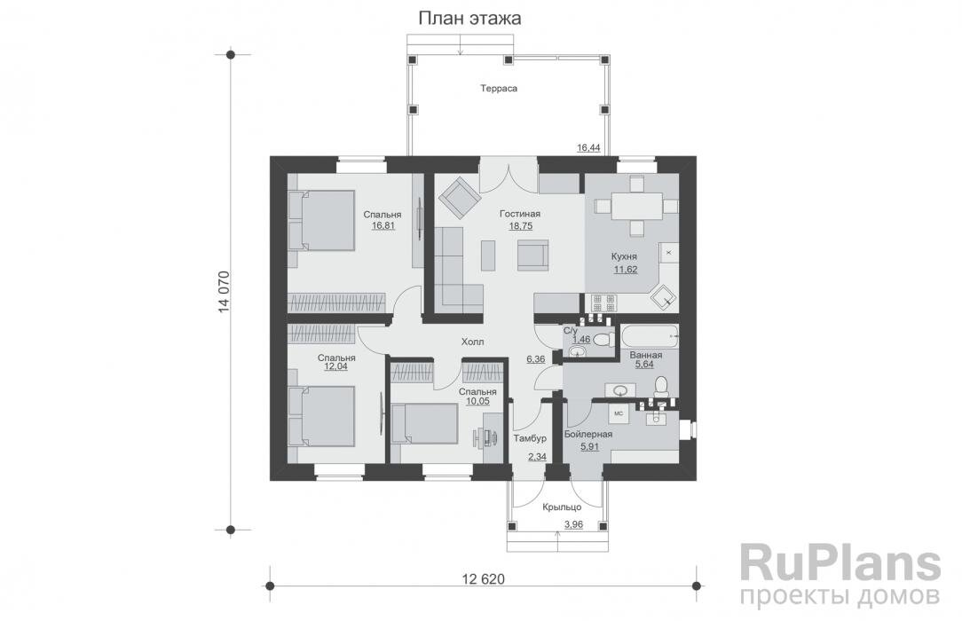 Тамбур - 2,34 м2 Холл - 6,36 м2 Спальня - 10,05 м2 Спальня - 12,04 м2 Спальня - 16,81 м2 Гостиная - 18,75 м2 Кухня - 11,62 м2 С/у - 1,46 м2 Ванная - 5,64 м2 Бойлерная - 5,91 м2