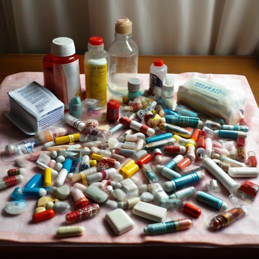 Картинка "Много лекарственных препаратов". Сгенерировано искусственным интеллектом в программе Шедеврум. Для иллюстрации статьи.