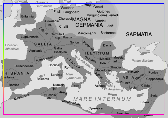 Римская империя в 116 году н. э. и Великая Германия с некоторыми германскими племенами, упомянутыми Тацитом в 98 году н. э. Источник: Jani Niemenmaa/ThomasPusch