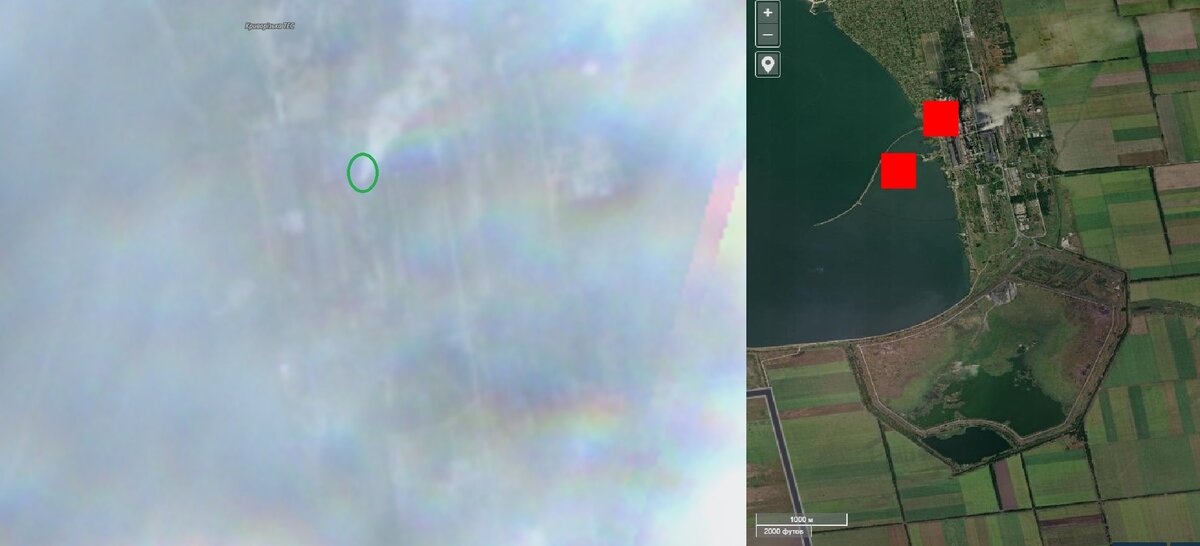 Слева - снимок Криворожской ТЭС 02.06.2024. Видно плохо, но дым из трубы (обведено зелёным) всё-таки заметен. Справа – информация с сайта https://firms.modaps.eosdis.nasa.gov  о возгораниях. Наличие пожара на водохранилище, правда, намекает о некорректной посадке на местности