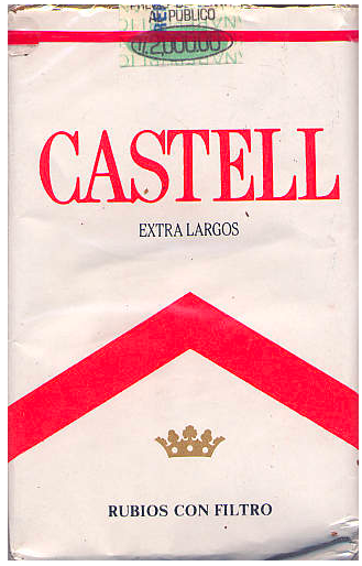 "Castell" Extra Largos. Перу, конец 1980-х годов. 20 штук с фильтром в мягкой  упаковке. Цена 2000 местных денег (Инти). Производитель: "Tabacalera del Sur S.A.".  Владелец торговой марки: "Tabacalera del Sur S.A.".