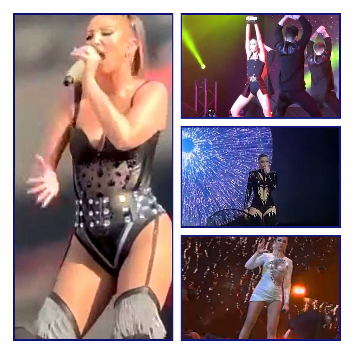 Слева Бузова в Уфе в День защиты детей, справа - в других местах (правда, на первом фото сверху - тоже в Уфе, но в 2018 г. - может, тогда еë и заприметили те, кто позвал и 6 лет спустя?). Это скриншоты с любительских записей, коих полно в интернете. Интересно, какой наряд выглядит более прилично - настолько прилично, чтобы в нём можно было выступать перед детьми? 