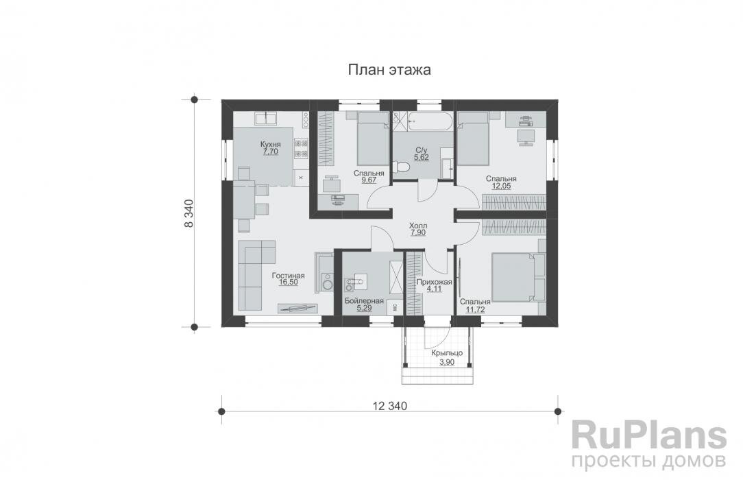 Прихожая - 4,11 м2 Холл - 7,90 м2 Бойлерная - 5,29 м2 Гостиная - 16,50 м2 Кухня - 7,70 м2Спальня - 9,67 м2 С/у - 5,62 м2 Спальня - 12,05 м2 Спальня - 11,72 м2