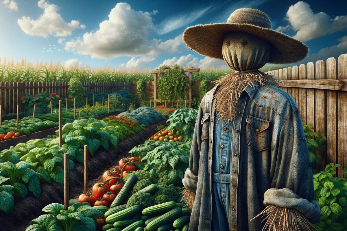 Классическое чучело хорошо смотрится на участке, но птиц отпугивает не очень эффективно. Источник: нейросеть📷
