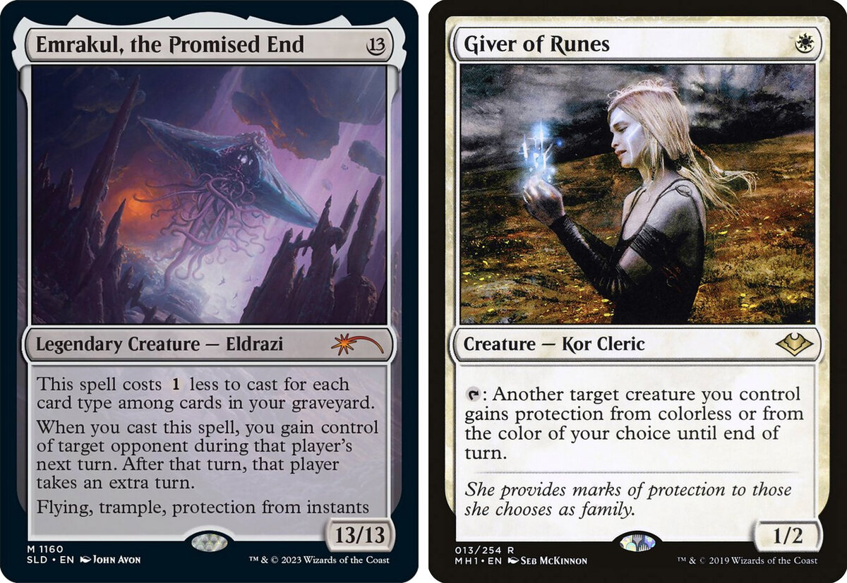 Ходят слухи, что если оппонент атакует Emrakul, the Promised End, то достаточно заблокировать его малюсеньком существом с защитой от бесцветного, чтобы повреждения по вам не прошли.