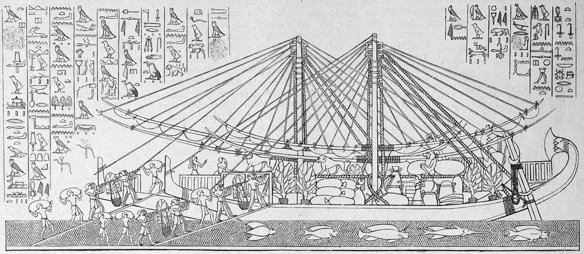 Египетские корабли загружаются в Пунте благовониями, слоновой костью и чёрным деревом