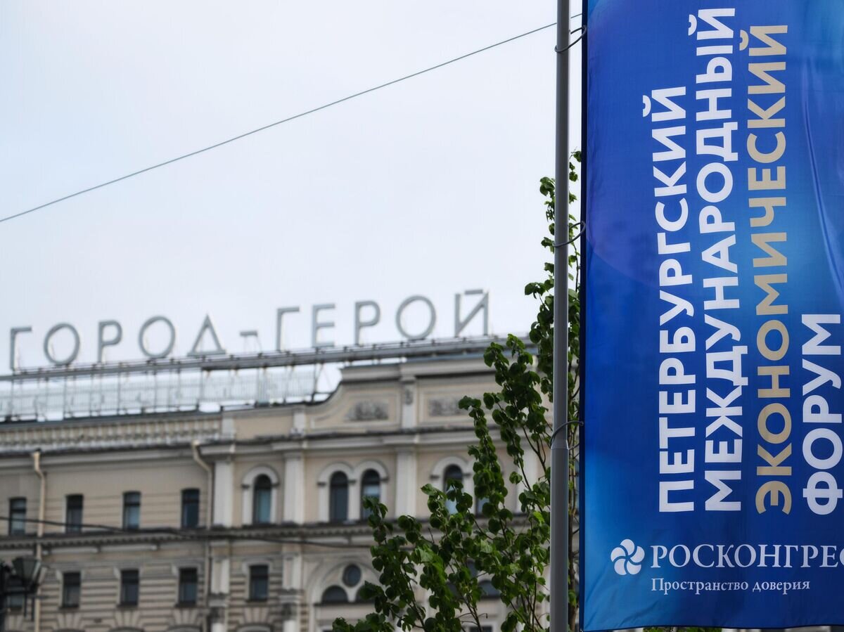    Информационный баннер с символикой Петербургского международного экономического форума на площади Восстания в Санкт-Петербурге© РИА Новости / Александр Кряжев